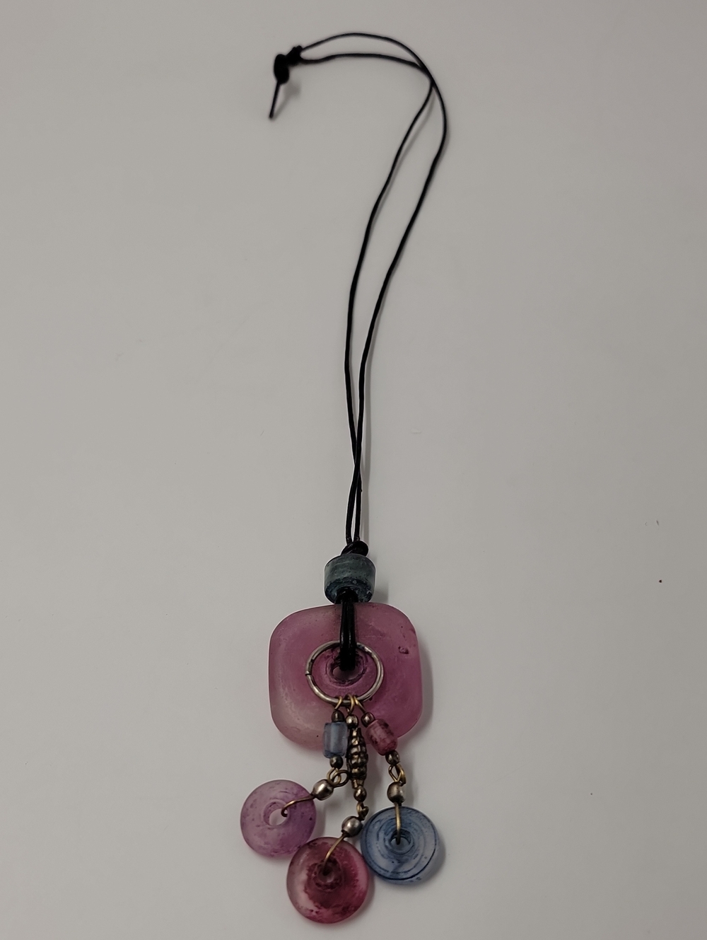 Sea Glass Handmade Amber and Blue Necklace On Leather Tie